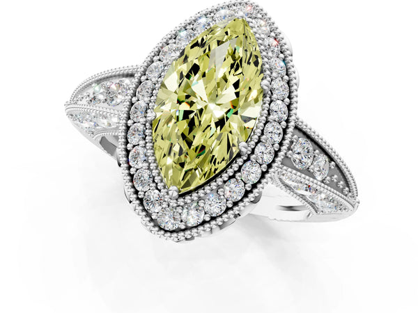 Platinum Fancy Yellow Marquise  Halo Diamond Split Shank Ring with Milgrain Detail