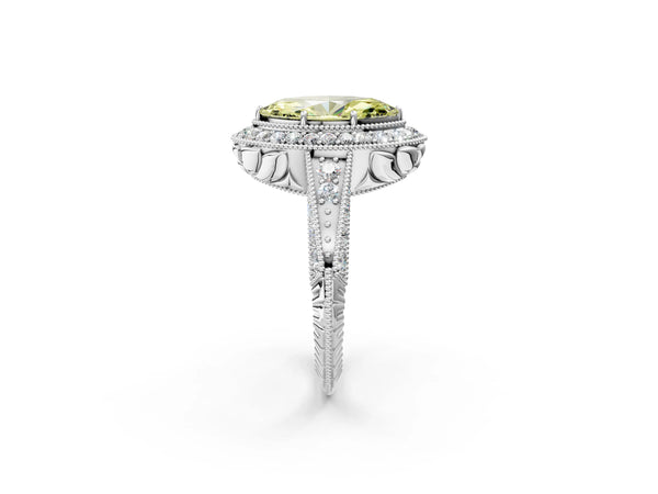 Platinum Fancy Yellow Marquise  Halo Diamond Split Shank Ring with Milgrain Detail
