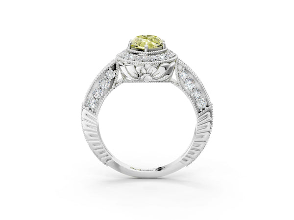 Platinum Fancy Yellow Marquise  Halo Diamond Split Shank Ring with Milgrain Detail