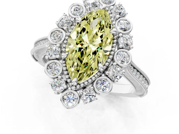 White gold Fancy Yellow Marquise  Halo Milgrain Pave Diamond Ring with Four-Prong Setting