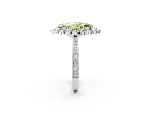 White gold Fancy Yellow Marquise  Halo Milgrain Pave Diamond Ring with Four-Prong Setting