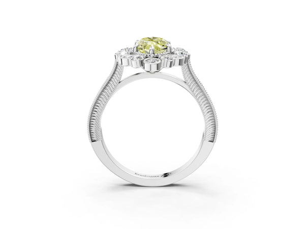 White gold Fancy Yellow Marquise  Halo Milgrain Pave Diamond Ring with Four-Prong Setting