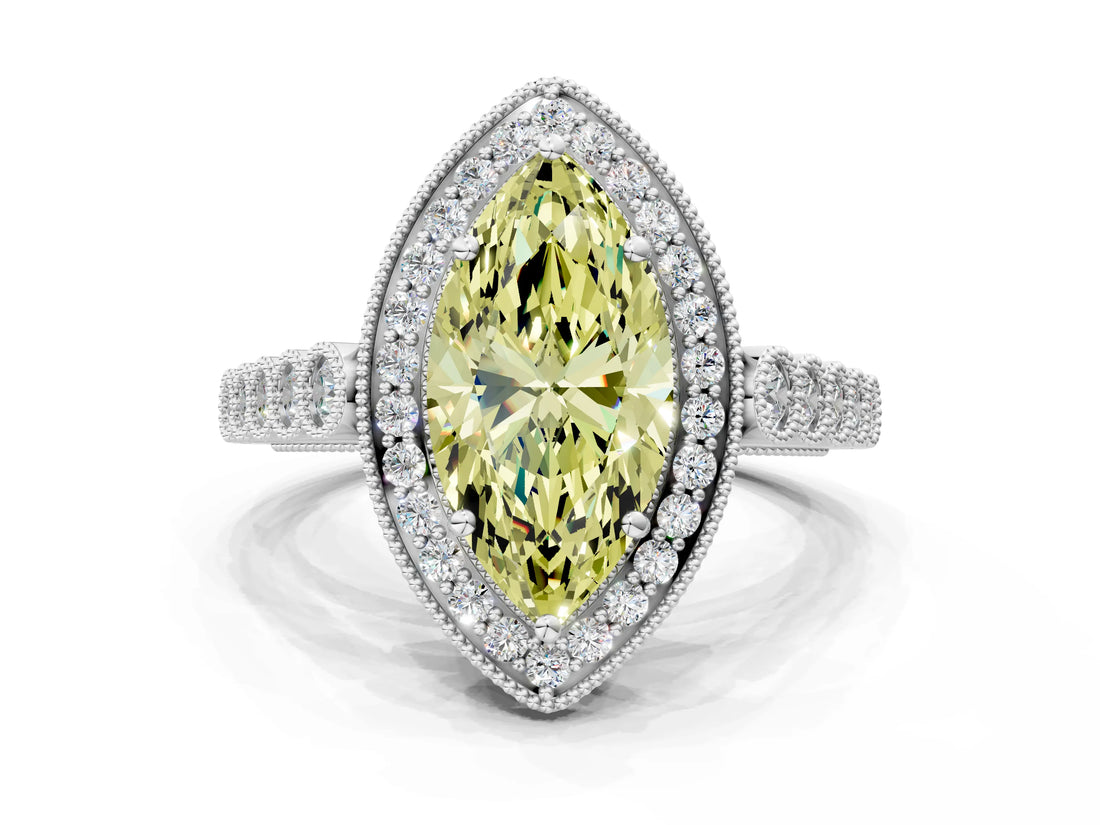 White gold Fancy Yellow Marquise  Halo Milgrain Solitaire with Bezel Set Side Stones and Pave Band_32