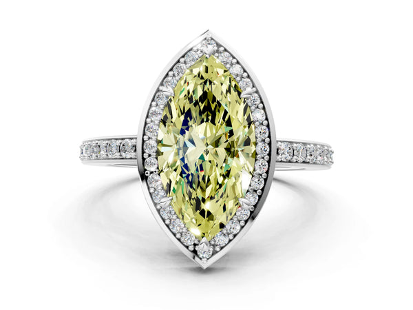 White gold Fancy Yellow Marquise  Halo Pave Band Solitaire Ring with Prong Setting