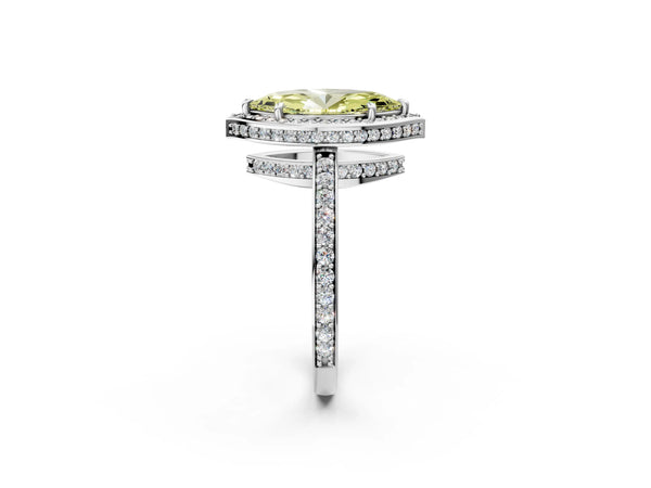 White gold Fancy Yellow Marquise  Halo Pave Band Solitaire Ring with Prong Setting