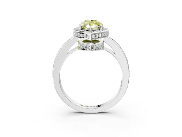 White gold Fancy Yellow Marquise  Halo Pave Band Solitaire Ring with Prong Setting