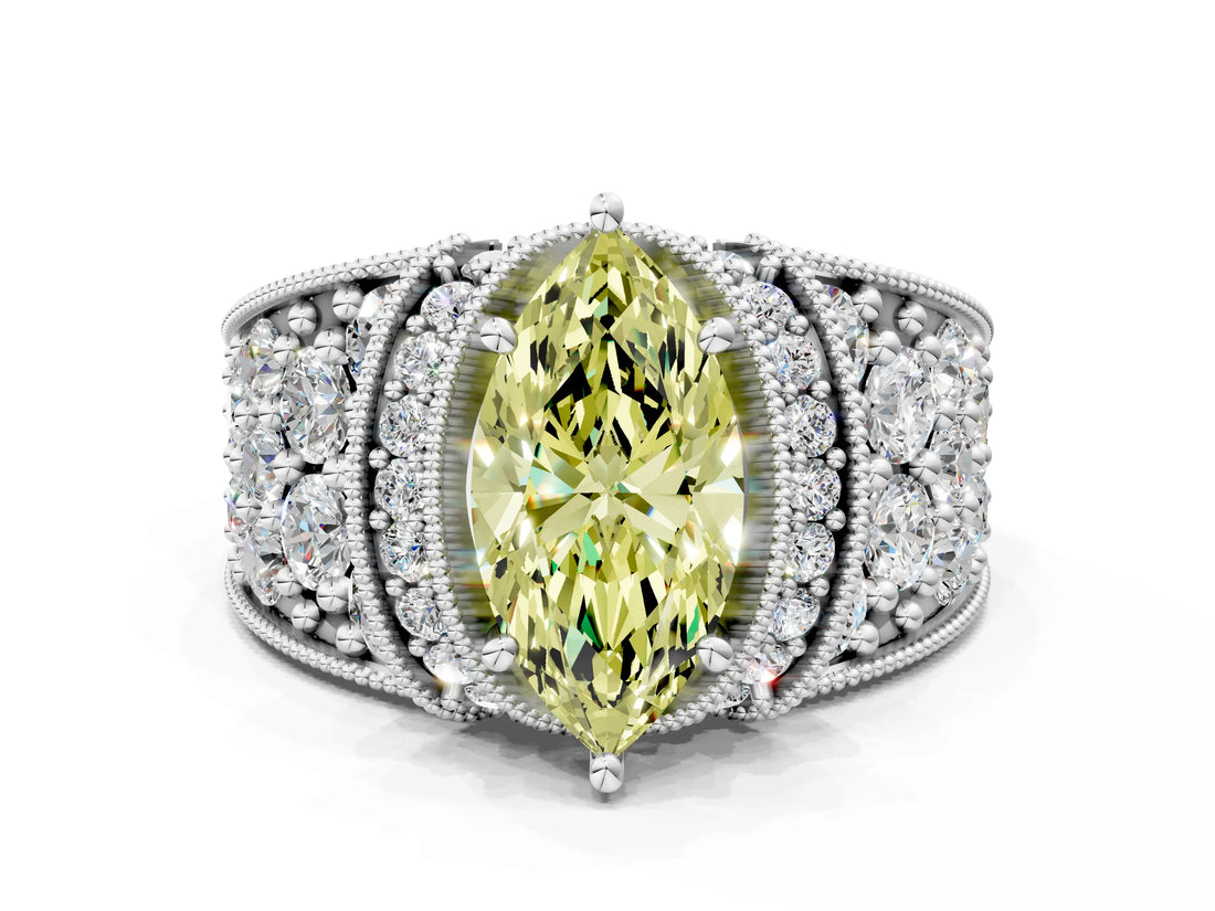 White gold Fancy Yellow Marquise  Halo Pave Diamond Engagement Ring with Milgrain Detailing_29