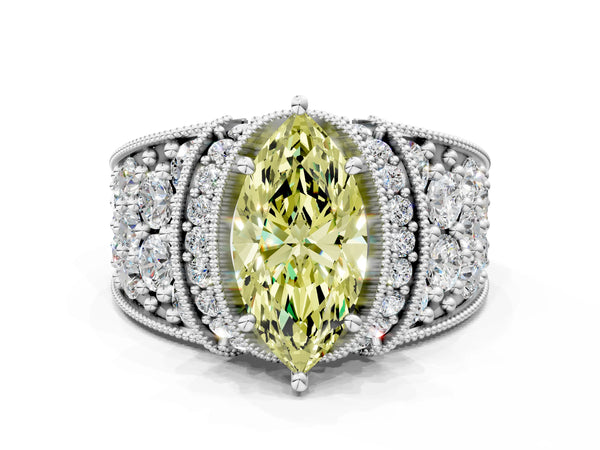 White gold Fancy Yellow Marquise  Halo Pave Diamond Engagement Ring with Milgrain Detailing