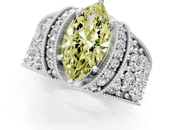 White gold Fancy Yellow Marquise  Halo Pave Diamond Engagement Ring with Milgrain Detailing