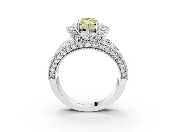 White gold Fancy Yellow Marquise  Halo Pave Diamond Engagement Ring with Milgrain Detailing