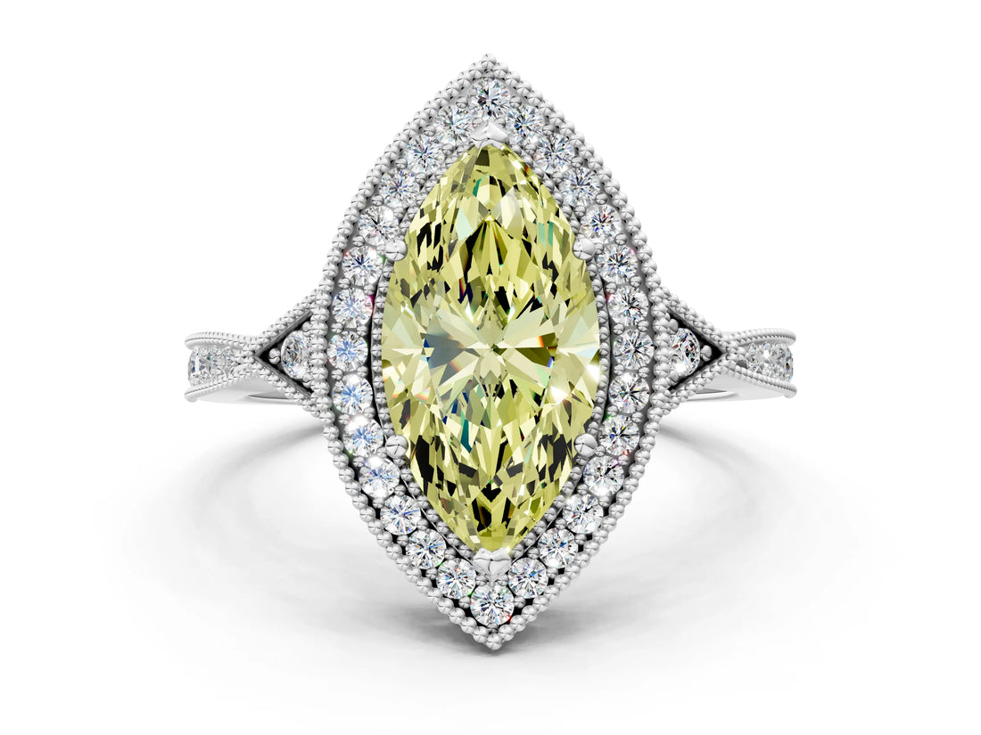 White gold Fancy Yellow Marquise  Halo Round Diamond Milgrain Pave Engagement Ring_3