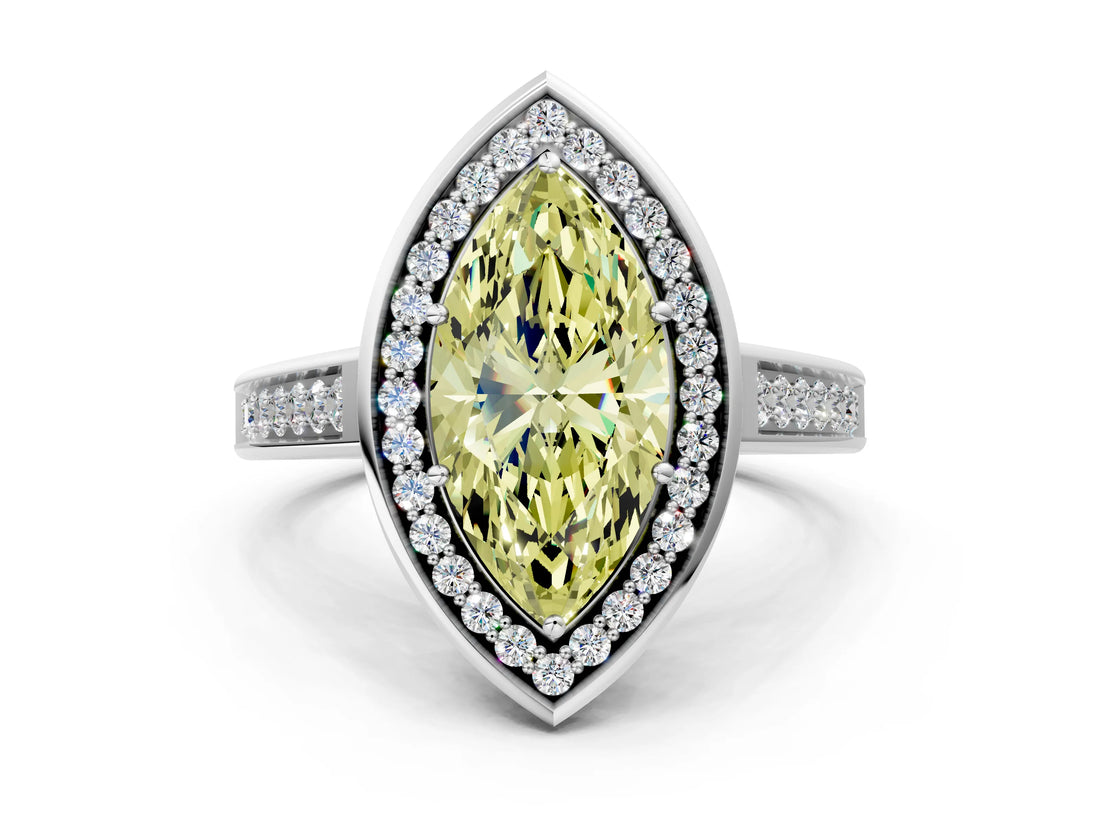 White gold Fancy Yellow Marquise  Halo Solitaire Diamond Ring with Pave Band and Bezel Setting_29