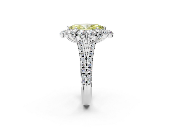 Platinum Fancy Yellow Marquise  Halo Split Shank Diamond Engagement Ring with Pave Band and Four-Prong Setting