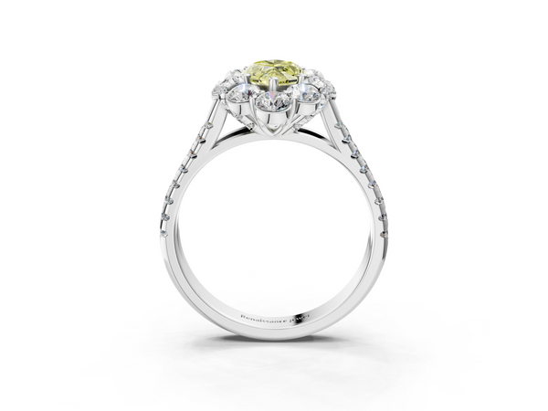 Platinum Fancy Yellow Marquise  Halo Split Shank Diamond Engagement Ring with Pave Band and Four-Prong Setting
