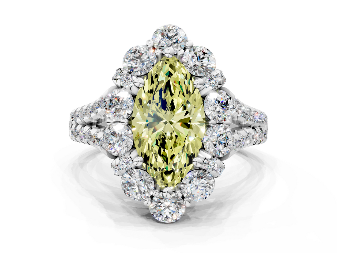White gold Fancy Yellow Marquise  Halo Split Shank Diamond Engagement Ring with Pave Band and Four-Prong Setting