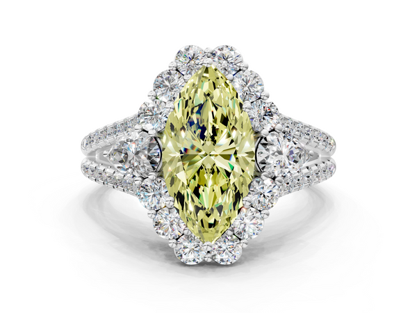 Platinum Fancy Yellow Marquise  Halo Split Shank Diamond Engagement Ring with Prong Setting