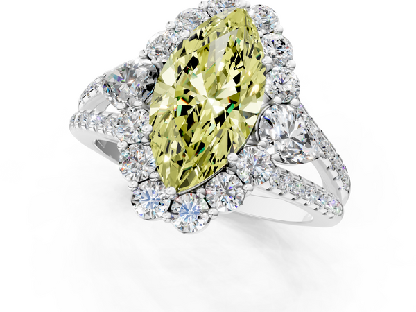 Platinum Fancy Yellow Marquise  Halo Split Shank Diamond Engagement Ring with Prong Setting