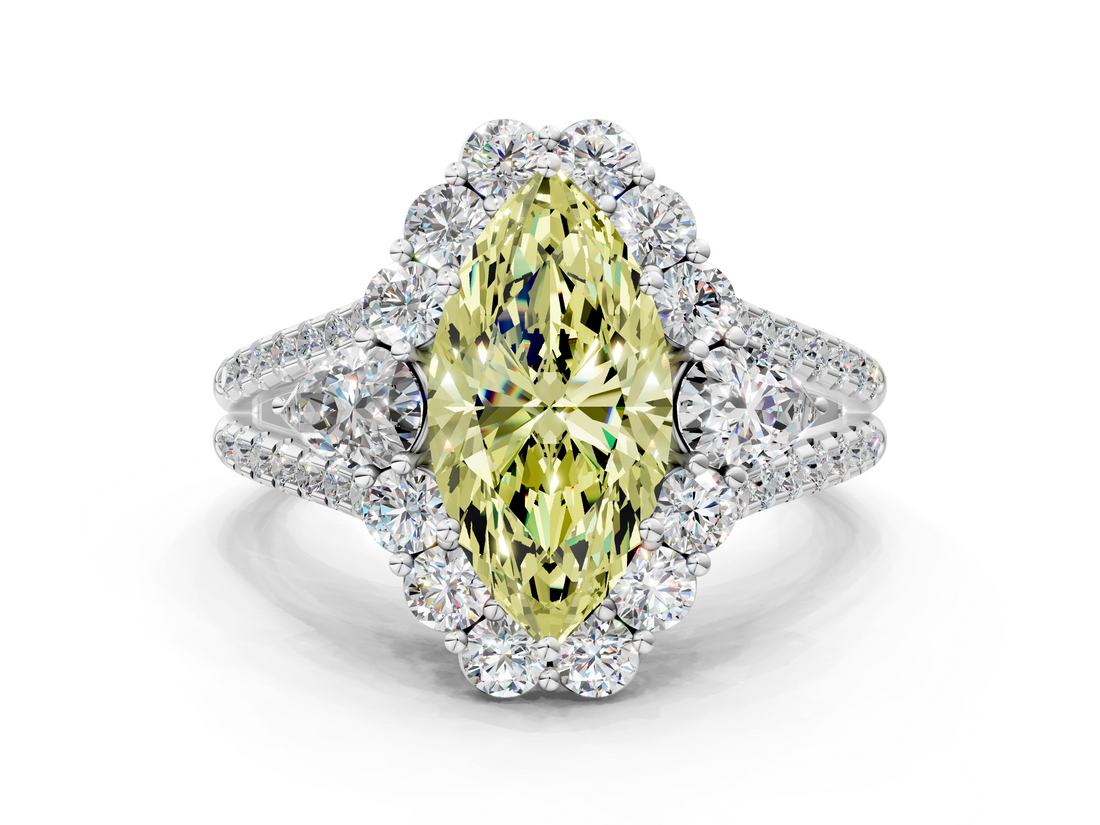 White gold Fancy Yellow Marquise  Halo Split Shank Diamond Engagement Ring with Prong Setting