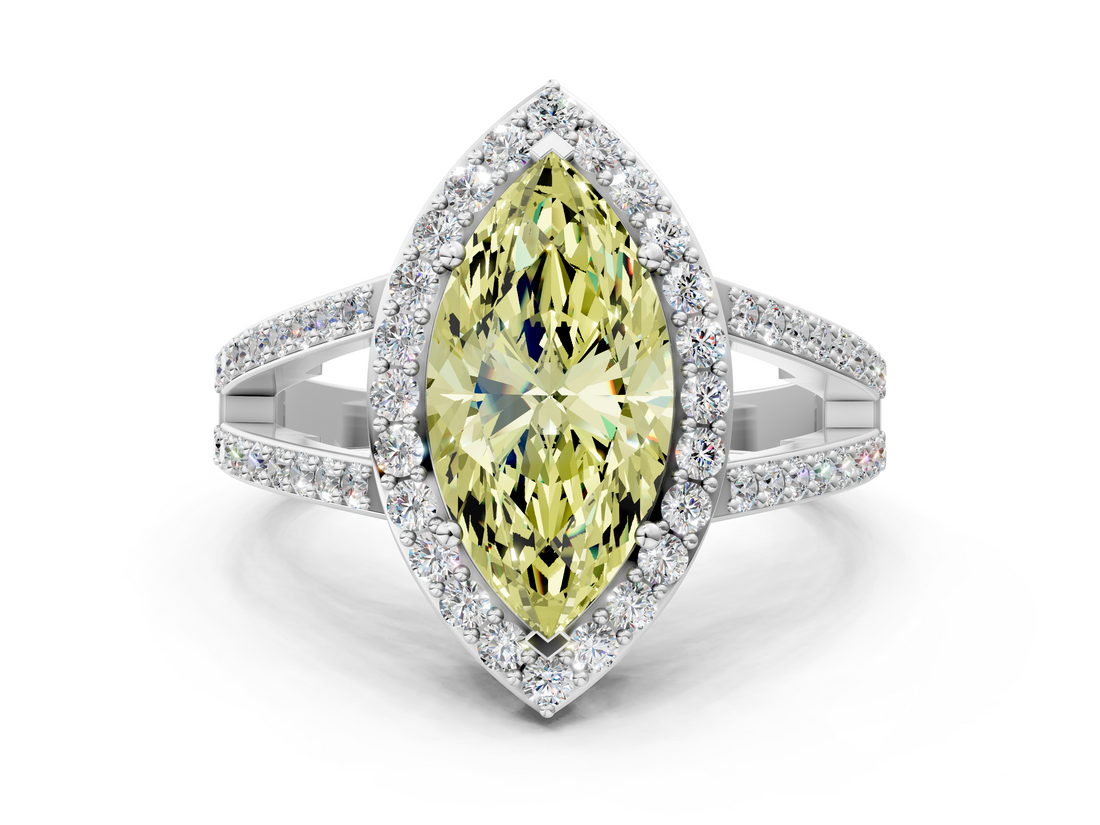 White gold Fancy Yellow Marquise  Halo Split Shank Diamond Ring with Four-Prong Setting