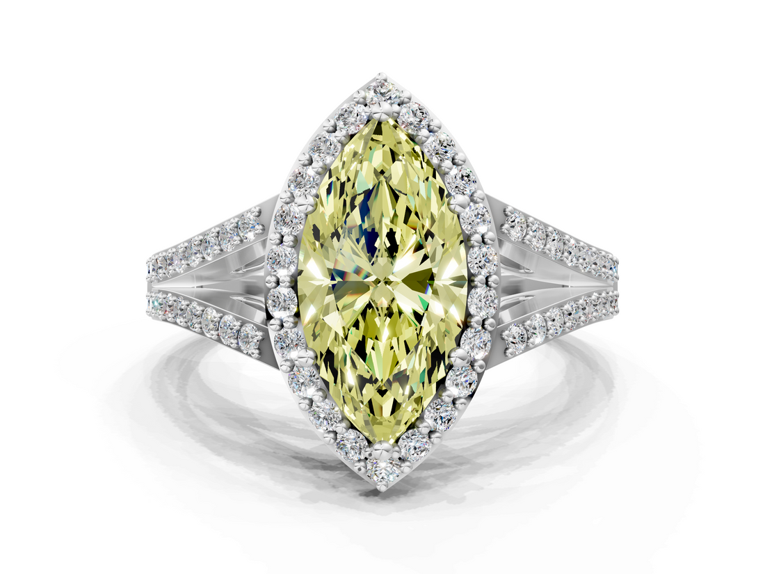 White gold Fancy Yellow Marquise  Halo Split Shank Diamond Ring with Prong Setting