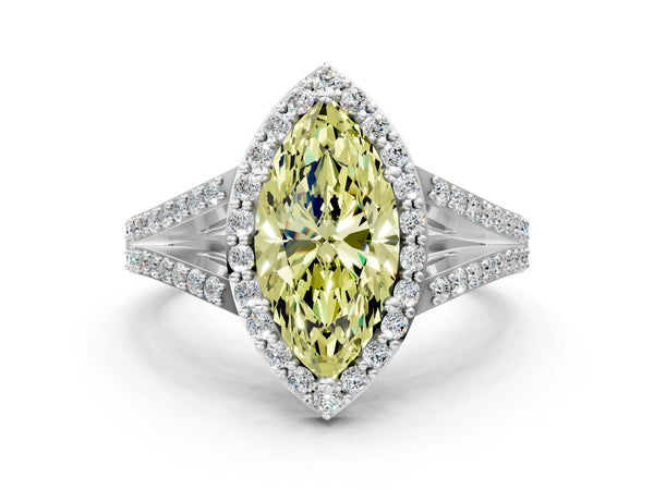 White gold Fancy Yellow Marquise  Halo Split Shank Pave Diamond Ring with Four-Prong Setting