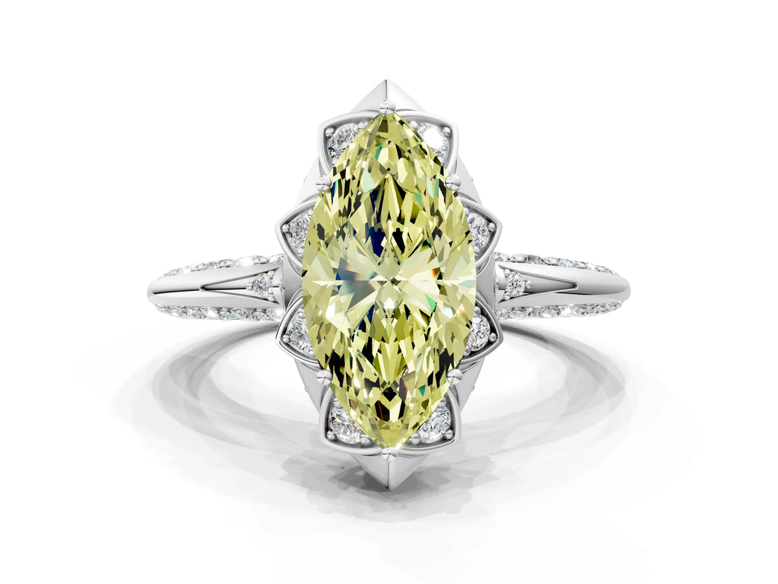 White gold Fancy Yellow Marquise  Halo Split Shank Pave Diamond Ring with Petal Prong Setting_27