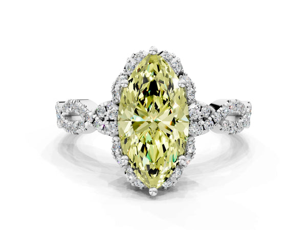 Platinum Fancy Yellow Marquise  Halo Twist Band Solitaire Ring with Six-Prong Setting