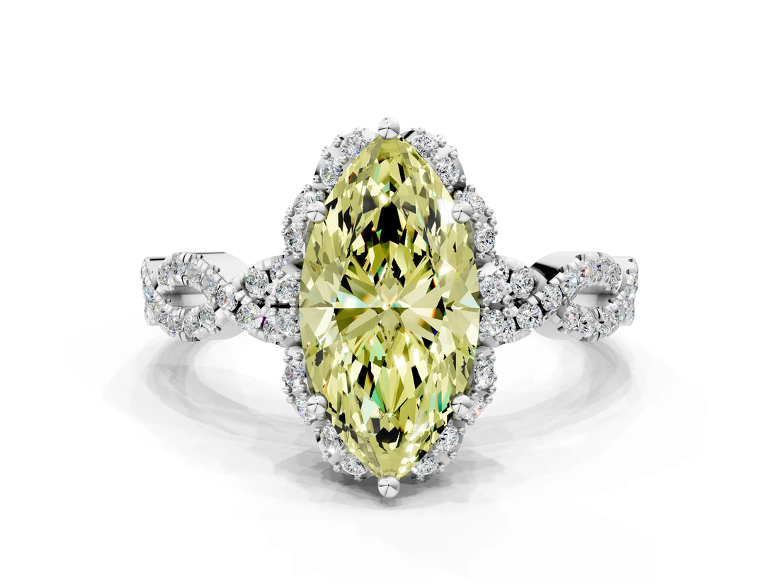 White gold Fancy Yellow Marquise  Halo Twist Band Solitaire Ring with Six-Prong Setting_37