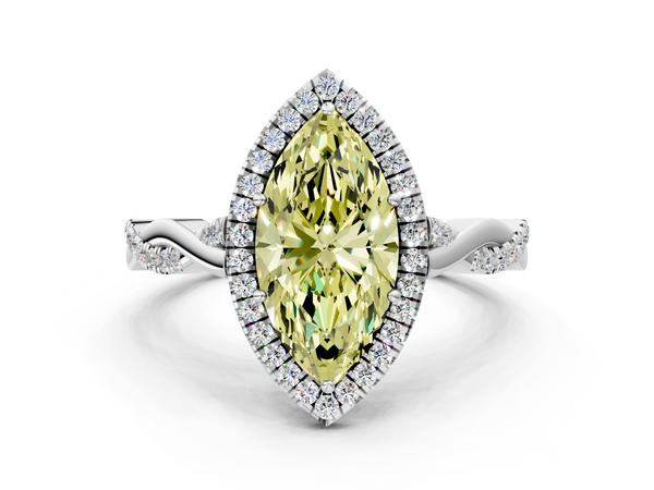 Platinum Fancy Yellow Marquise  Halo Twist Band Solitaire Ring