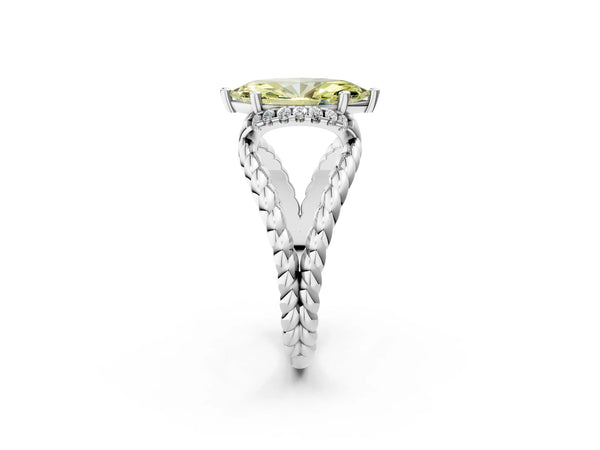 Platinum Fancy Yellow Marquise  Halo Twisted Band Four-Prong Ring