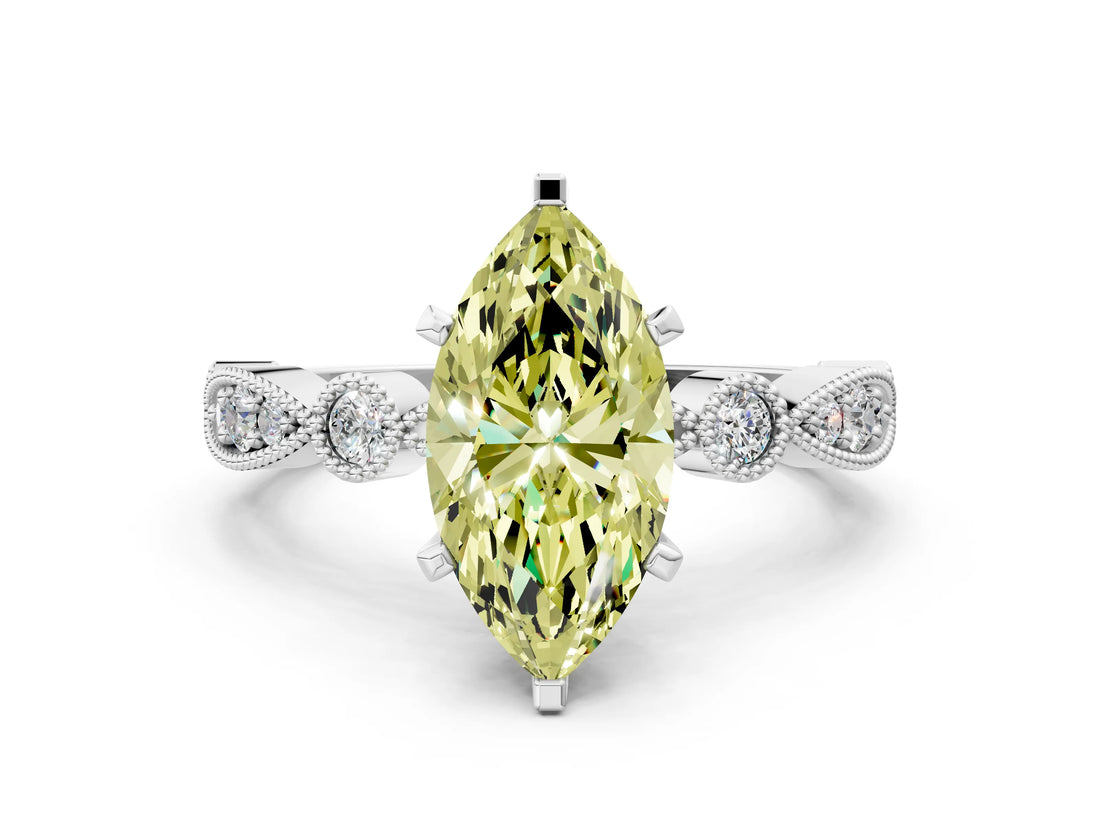 White gold Fancy Yellow Marquise  Milgrain Bezel Diamond Engagement Ring with Solitaire Prong Setting_28