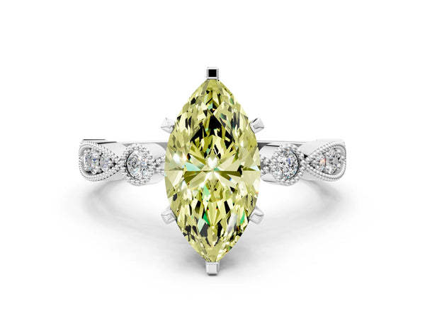 Platinum Fancy Yellow Marquise  Milgrain Bezel Diamond Engagement Ring with Solitaire Prong Setting