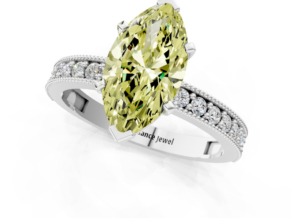 Platinum Fancy Yellow Marquise Cut Diamond Milgrain Pavé Engagement Ring with Four-Prong Setting
