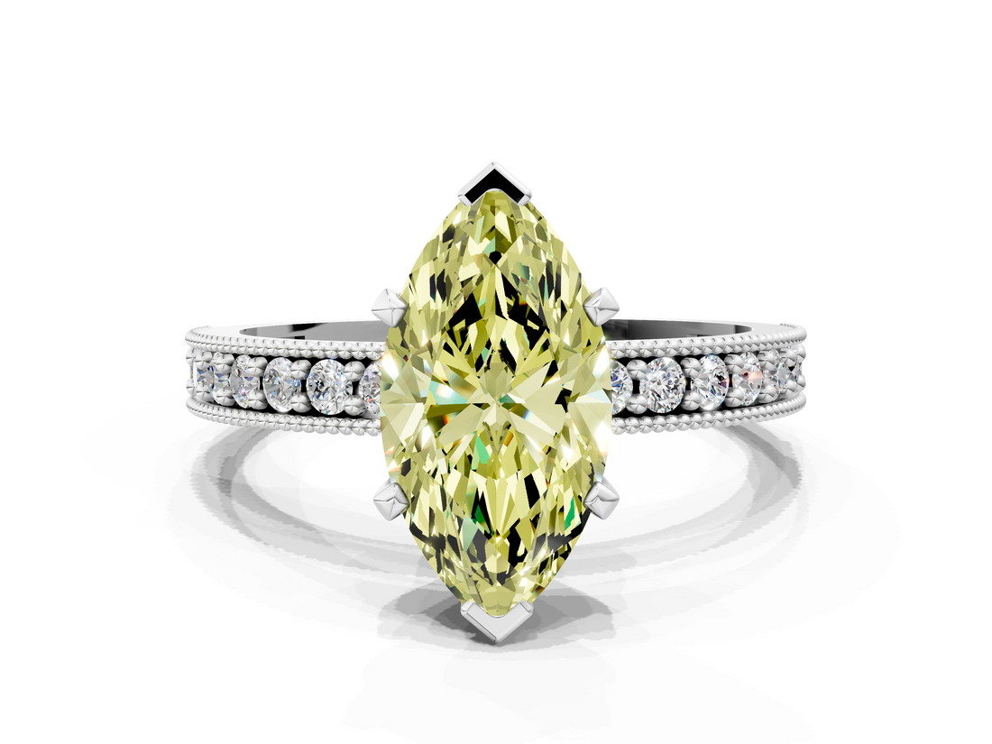 White gold Fancy Yellow Marquise  Milgrain Pave Diamond Engagement Ring with Four-Prong Setting