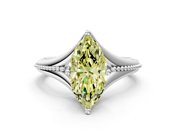 White gold Fancy Yellow Marquise  Solitaire Beaded Band Six-Prong Setting