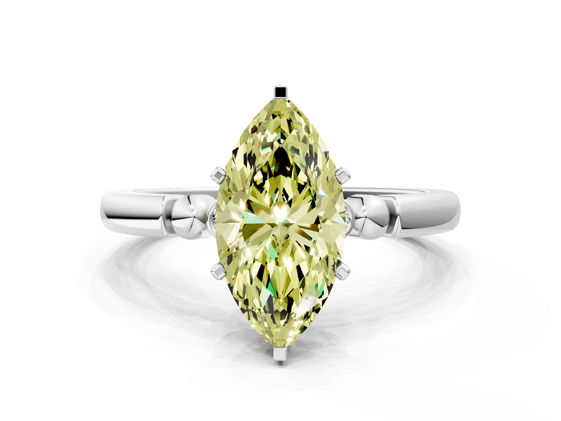 White gold Fancy Yellow Marquise  Solitaire Beaded Band with Four-Prong Setting
