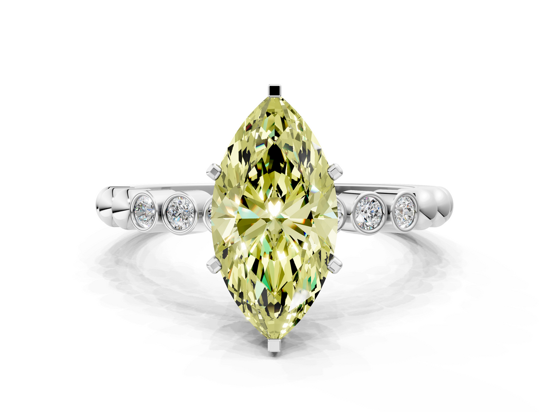 White gold Fancy Yellow Marquise  Solitaire Bezel Accent Diamond Engagement Ring with Beaded Band and Four-Prong Setting