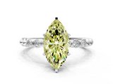 White gold Fancy Yellow Marquise  Solitaire Bezel Accent Diamond Engagement Ring with Beaded Band and Four-Prong Setting