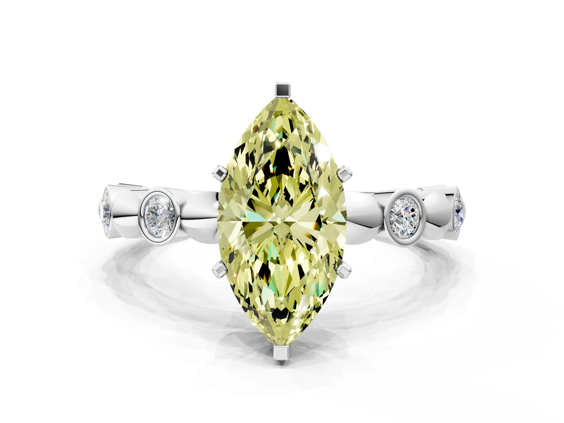 White gold Fancy Yellow Marquise  Solitaire Bezel-Set Diamond Ring with Beaded Band and Four-Prong Setting_28