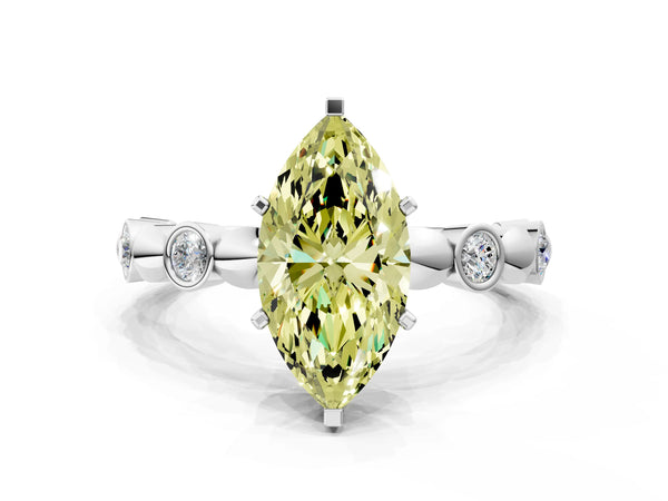 Platinum Fancy Yellow Marquise  Solitaire Bezel-Set Diamond Ring with Beaded Band and Four-Prong Setting