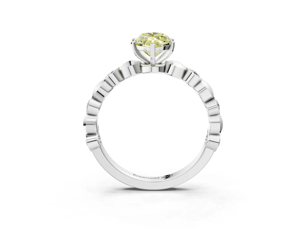 Platinum Fancy Yellow Marquise  Solitaire Bezel-Set Diamond Ring with Beaded Band and Four-Prong Setting