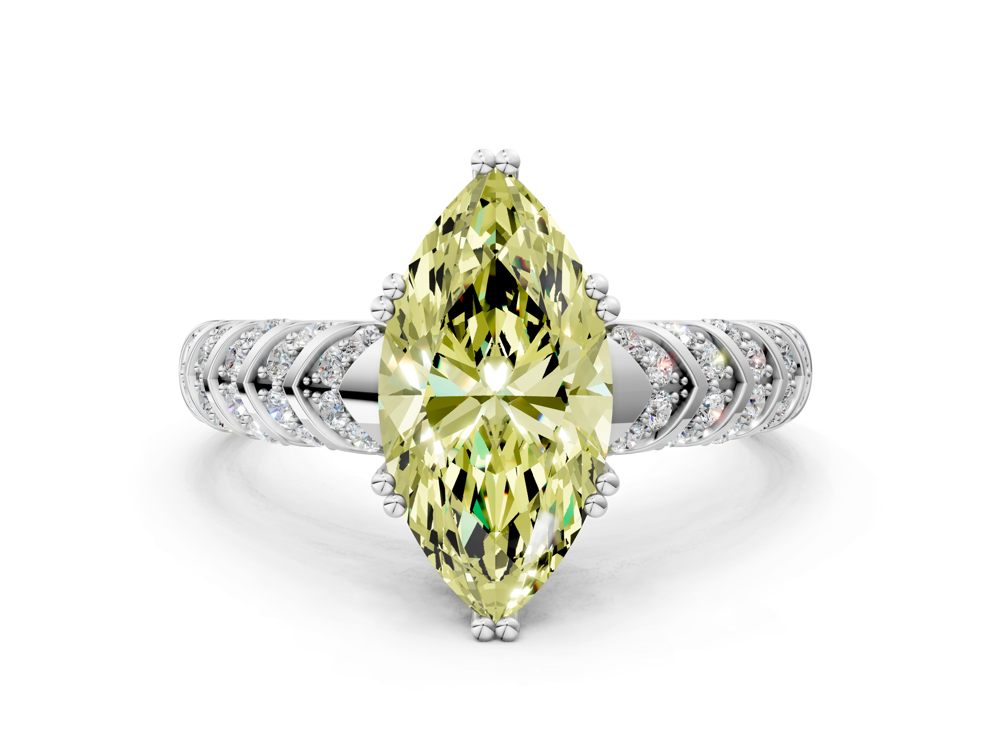 White gold Fancy Yellow Marquise  Solitaire Chevron Pave Diamond Engagement Ring with Six-Prong Setting
