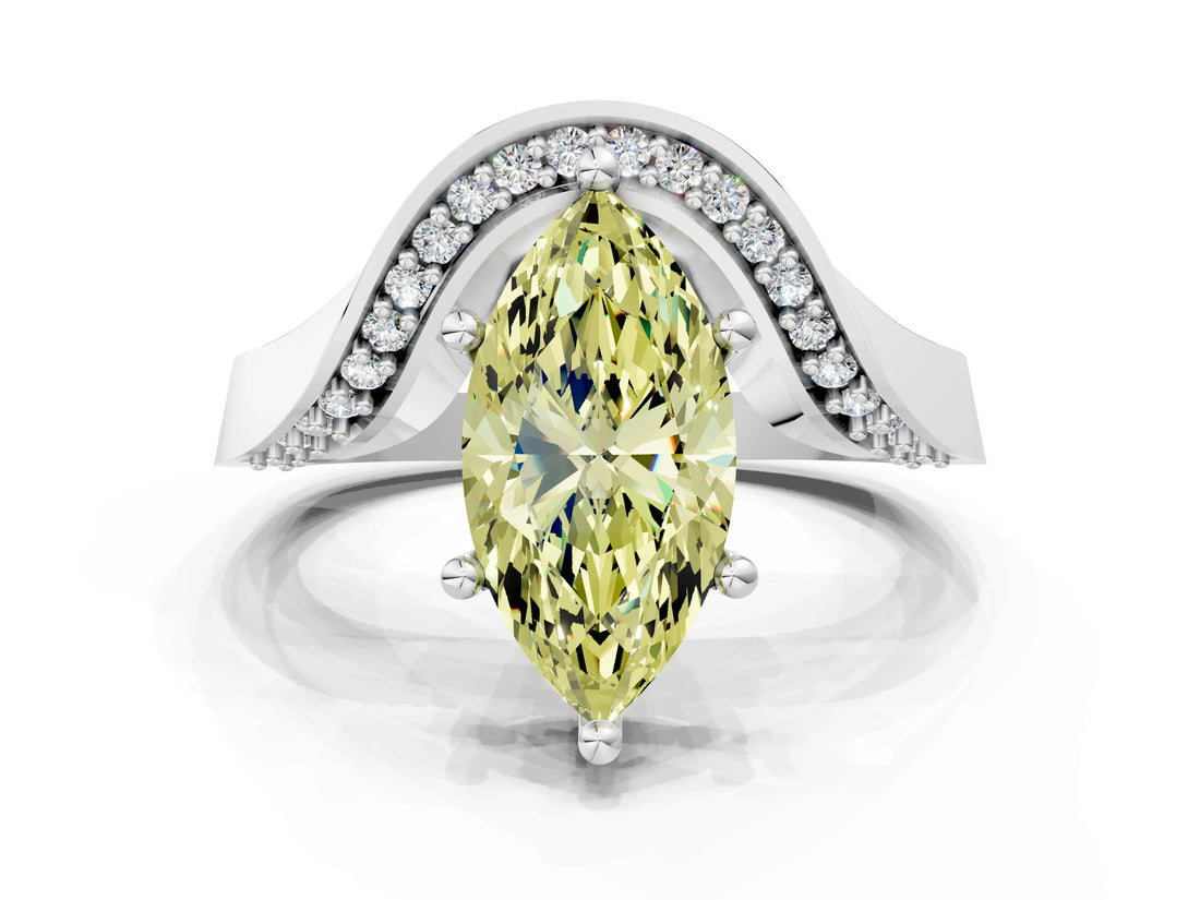White gold Fancy Yellow Marquise  Solitaire Diamond Engagement Ring with Pave Band and Four-Prong Setting