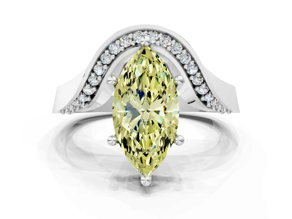 White gold Fancy Yellow Marquise  Solitaire Diamond Engagement Ring with Pave Band and Four-Prong Setting