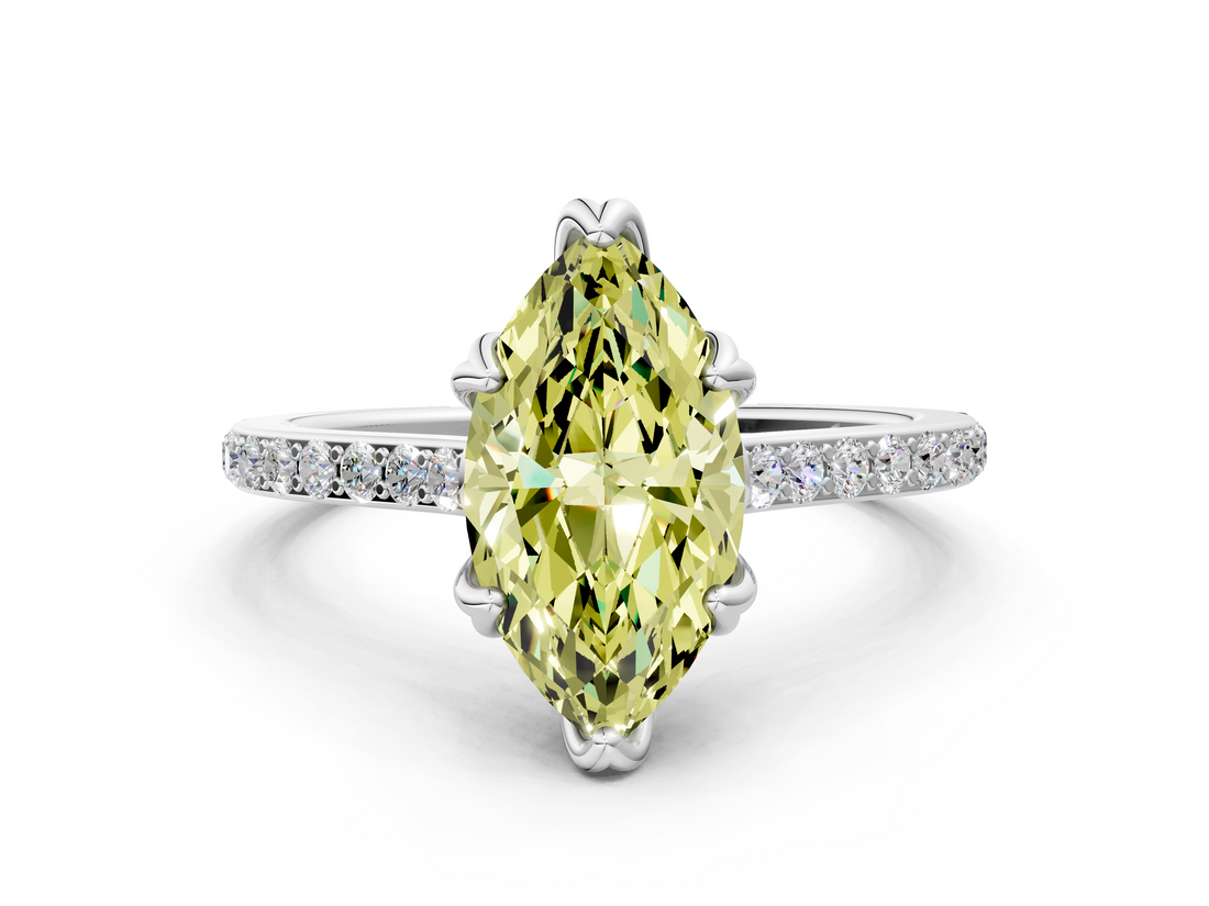 White gold Fancy Yellow Marquise  Solitaire Diamond Engagement Ring with Pave Band and Six-Prong Setting