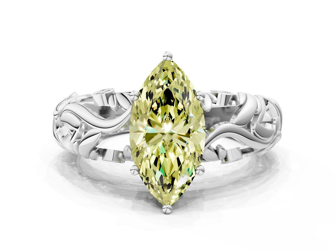 White gold Fancy Yellow Marquise  Solitaire Diamond Leaf Vine Band with Prong Setting