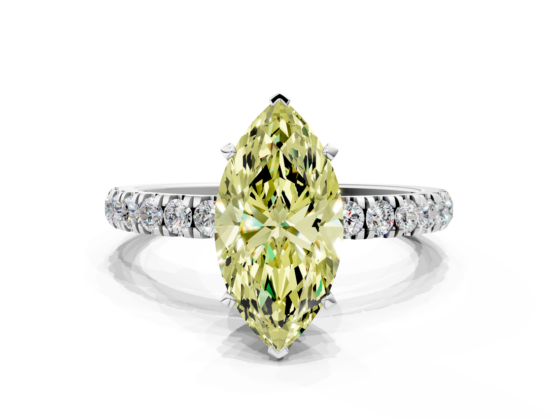 White gold Fancy Yellow Marquise  Solitaire Diamond Pavé Band with Four-Prong Setting