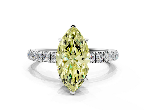 Platinum Fancy Yellow Marquise Cut Diamond Solitaire Ring with Pavé Accents and Four-Prong Setting
