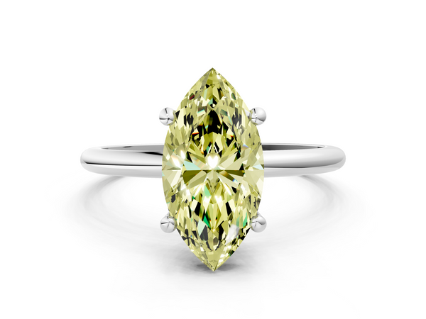Platinum Fancy Yellow Marquise  Solitaire Diamond Ring with 4-Prong Setting on a Classic Band