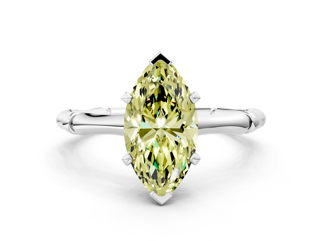 White gold Fancy Yellow Marquise  Solitaire Diamond Ring with Bamboo Band and Four-Prong Setting